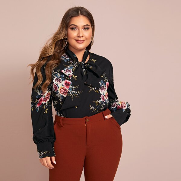 

Plus Floral Print Tie Neck Blouse, Black