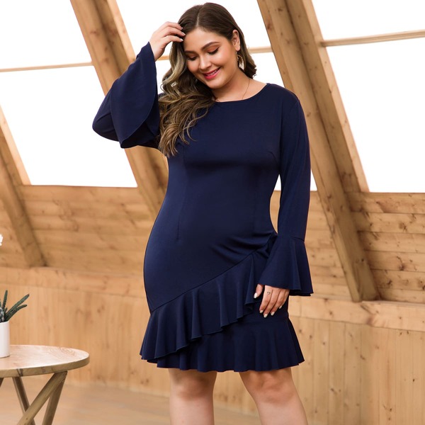 

Plus Ruffle Trim Flounce Sleeve Sweater Dress, Navy
