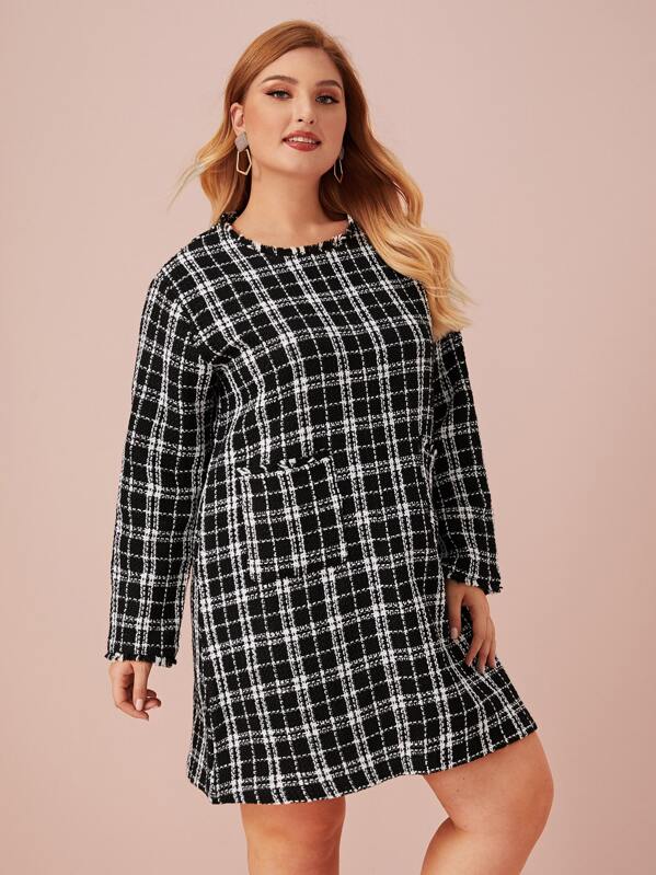 

Plus Frayed Trim Plaid Fitted Dress, Black and white, Nora