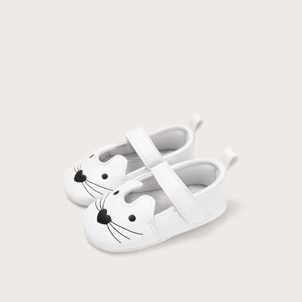 

Baby Girl Cat Embroidered Velcro Strap Flats, White