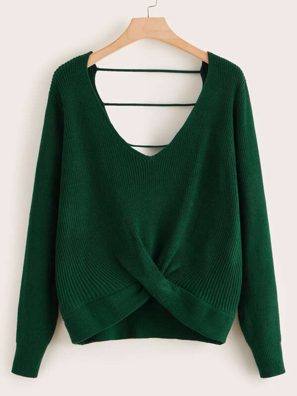 

Plus V-neck Twist Front Sweater, Green
