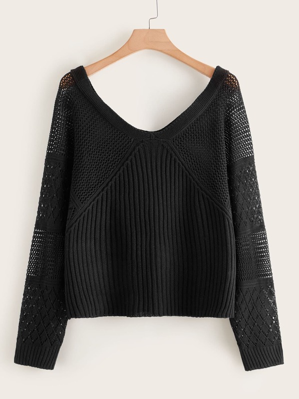 

Plus V-neck Pointelle Knit Sweater, Black