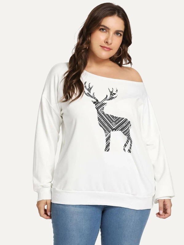 

Plus Elk Print Drop Shoulder Sweatshirt, White, Franziska