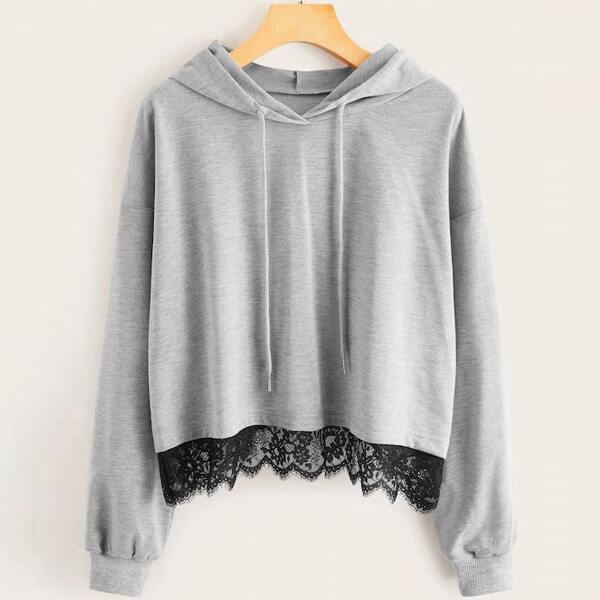 

Plus Contrast Lace Drop Shoulder Hoodie, Grey