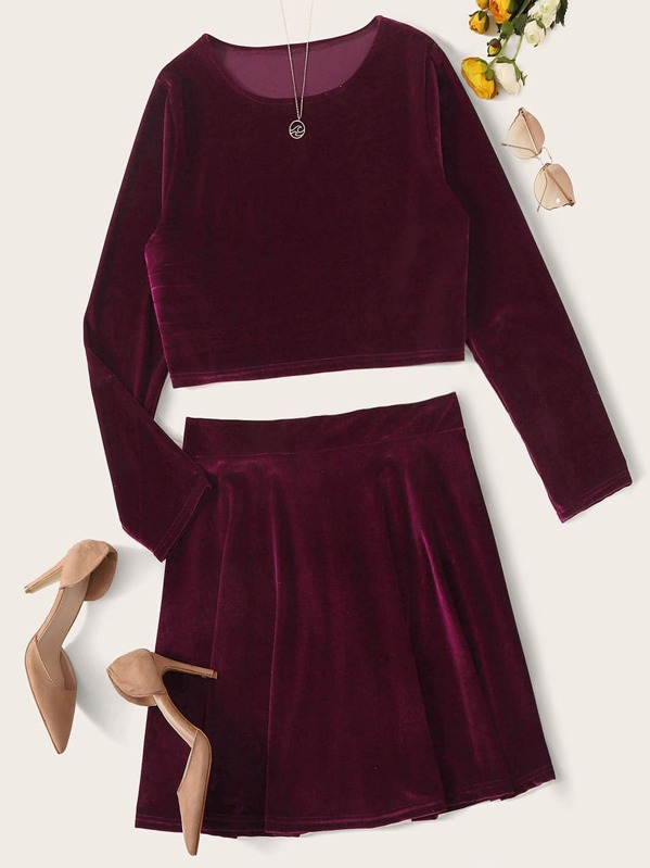 

Plus Solid Velvet Tee With Flare Skirt, Burgundy
