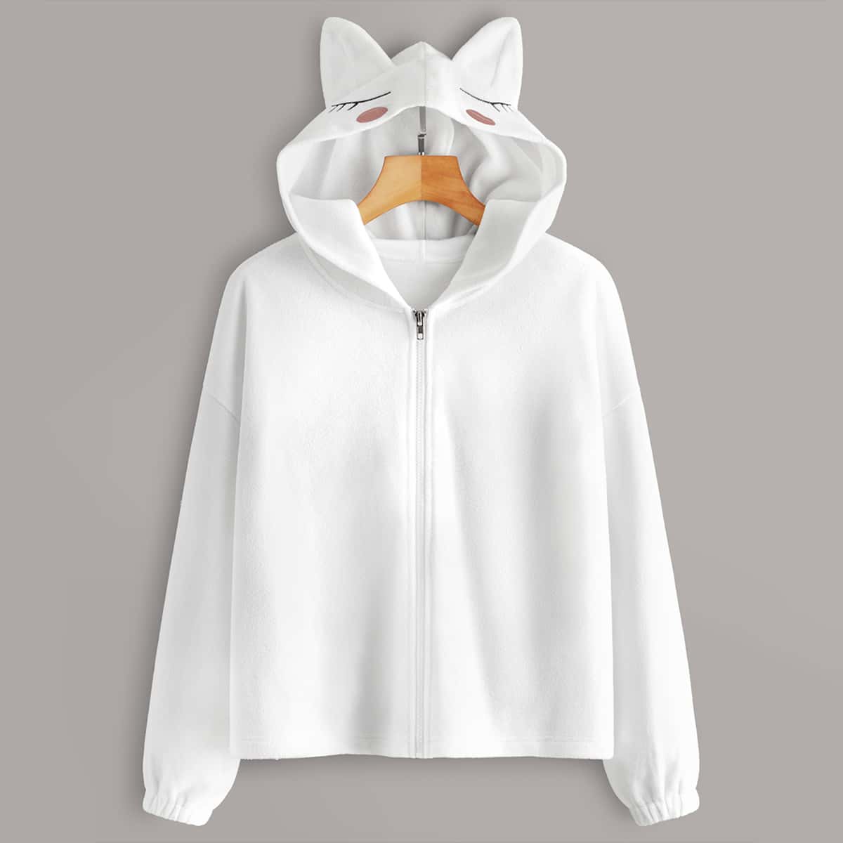 

Contrast Ear Embroidery Zip-up Hooded Jacket, White