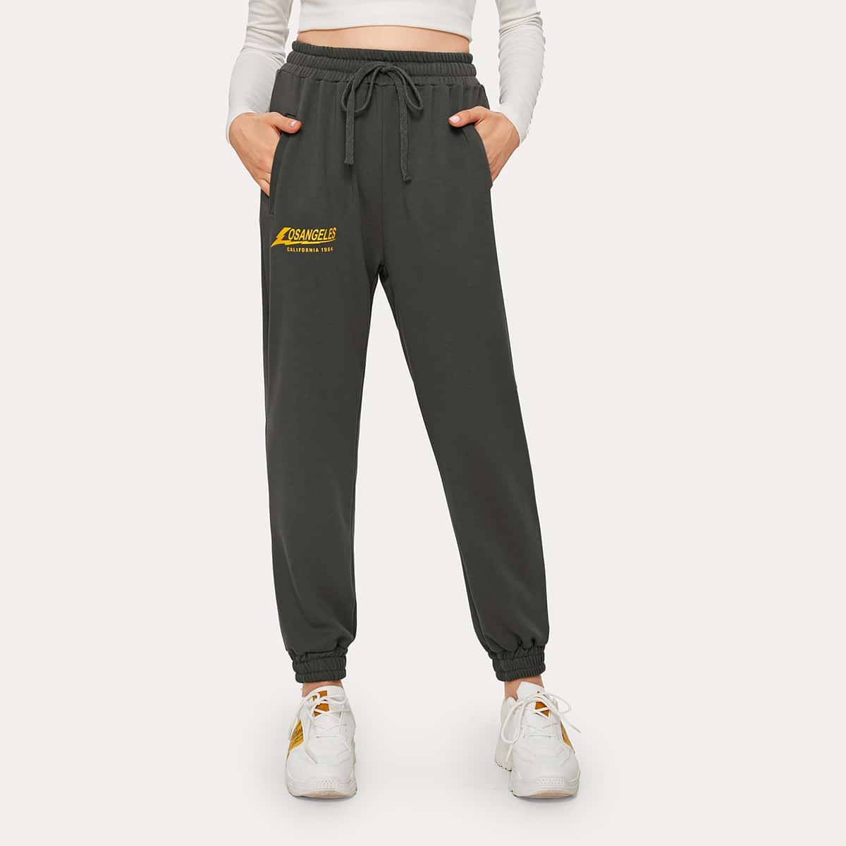 

Letter Graphic Drawstring Waist Sweatpants, Grey