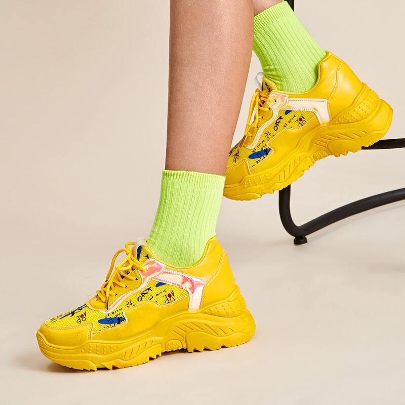 

Graffiti Print Lace-up Chunky Trainers, Yellow