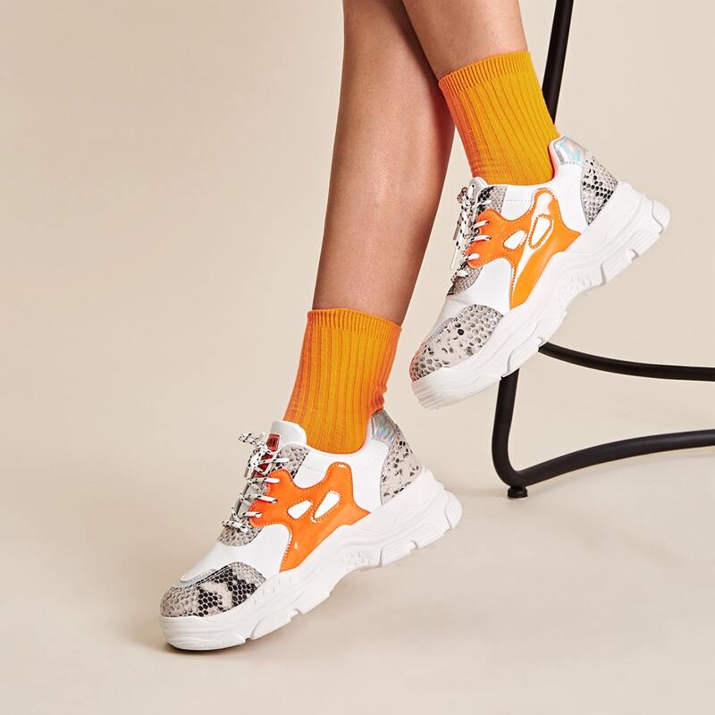 

Snakeskin Pattern Lace-up Chunky Sneakers, Multicolor