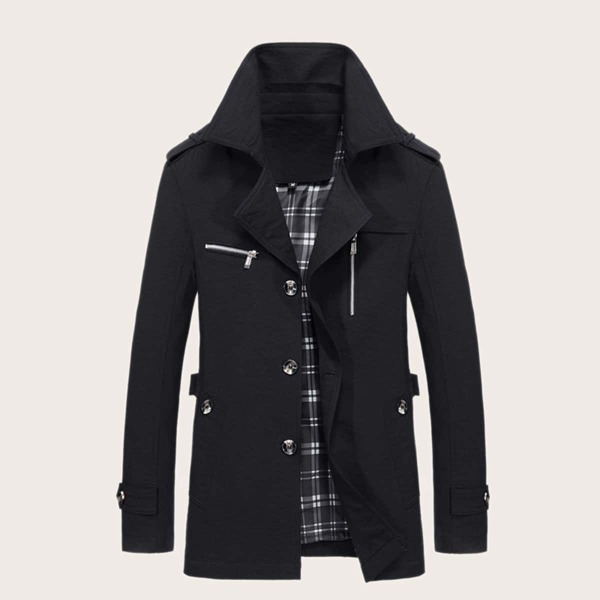 

Men Zip Detail Single Breasted Coat, Black
