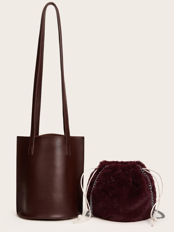 

2pcs Tote Bag With Drawstring Bucket Bag, Brown
