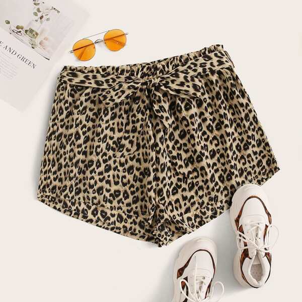 

Plus Leopard Graphic Paper Bag Waist Belted Shorts, Multicolor