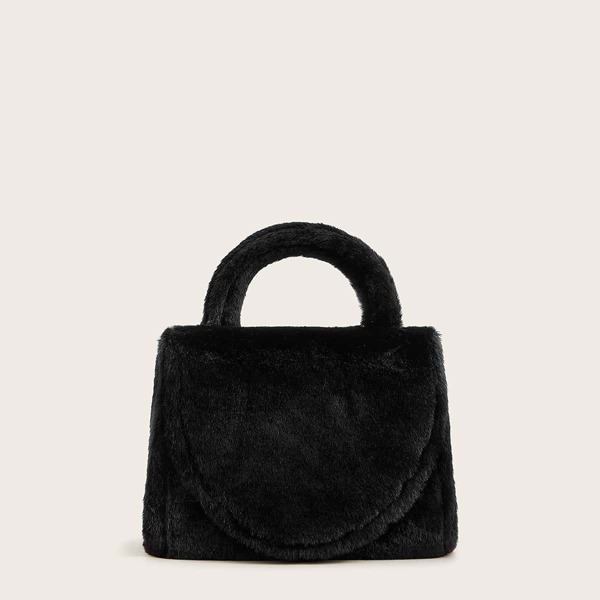 

Faux Fur Fluffy Satchel Bag, Black