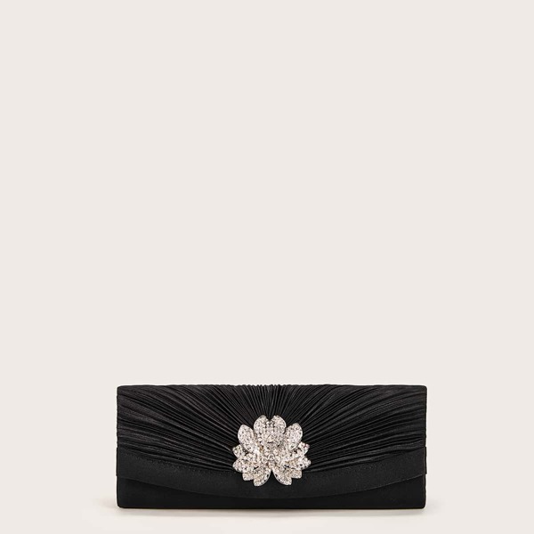 

Rhinestone Decor Textured Clutch Bag, Black
