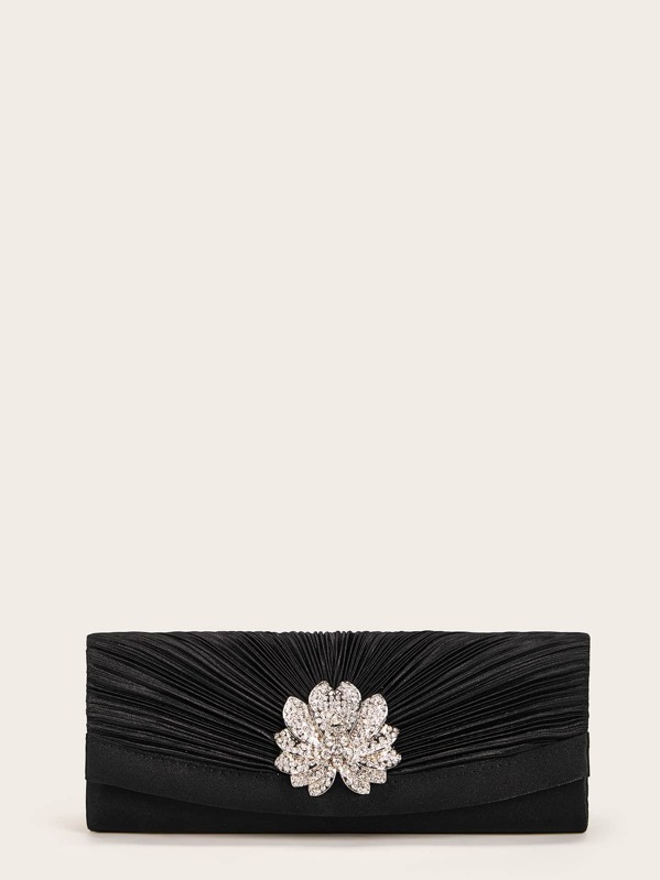 

Rhinestone Decor Textured Clutch Bag, Black