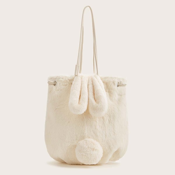 

Pom Pom Decor Rabbit Ear Fluffy Tote Bag, White