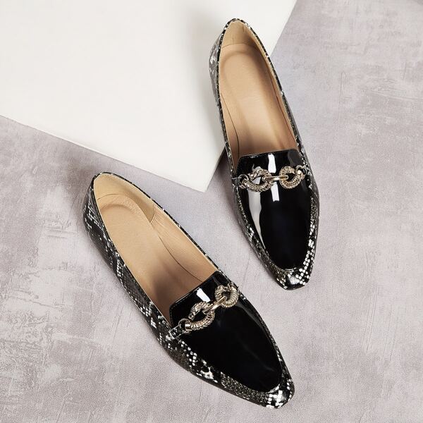 

Snakeskin Patent Flat Loafers, Black