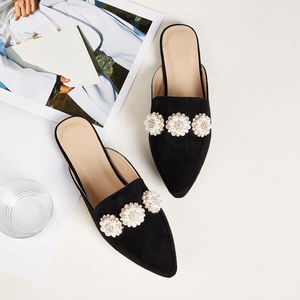 

Faux Pearl Decor Loafers Mules, Black