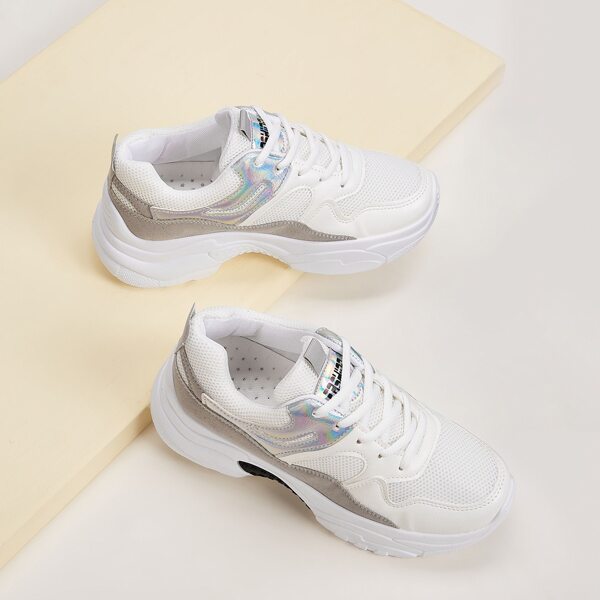 

Holographic Panel Lace-up Front Chunky Sneakers, White