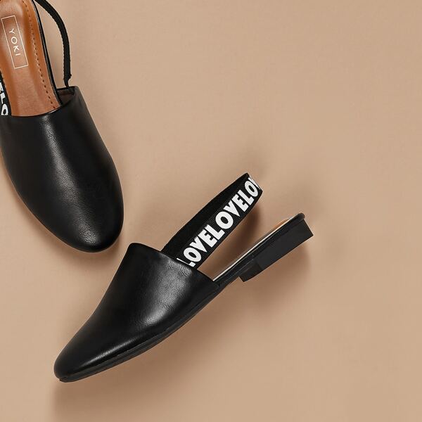 

Round Toe Logo Print Slingback Flat Mules, Black