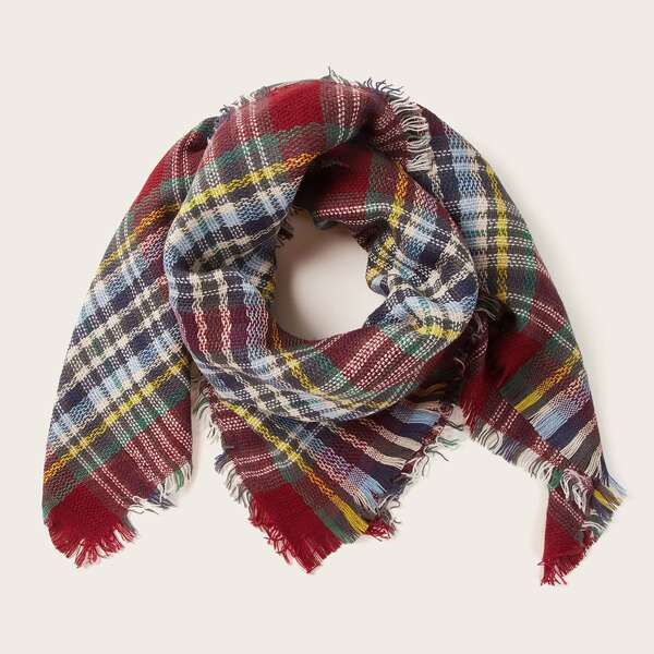 

Kids Plaid Pattern Fringe Hem Scarf, Multicolor