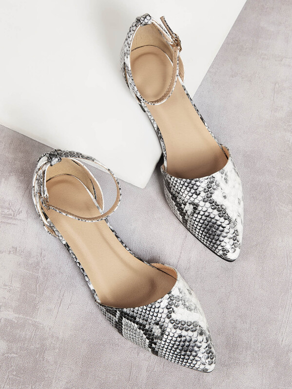 

Point Toe Ankle Strap Snakeskin Flats, Black and white