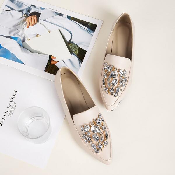 

Jewelled Decor Point Toe Loafers, Apricot