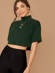 Muchica Camiseta corta unicolor de cuello alto - Verde Oscuro - Ver 3