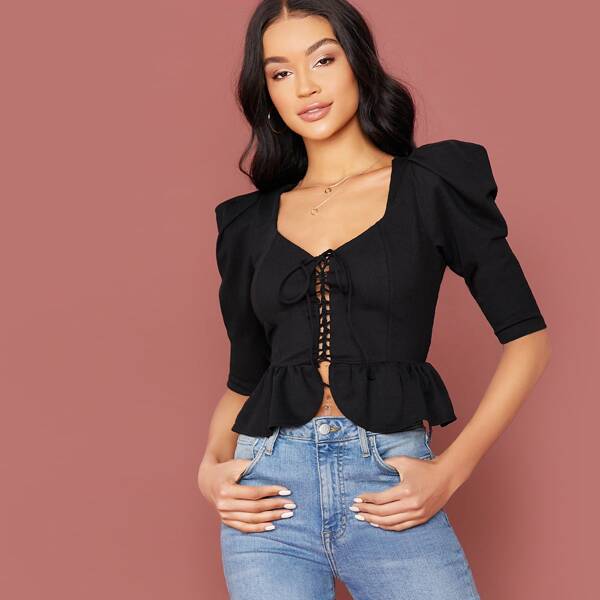 

Gigot Sleeve Lace Up Ruffle Hem Top, Black