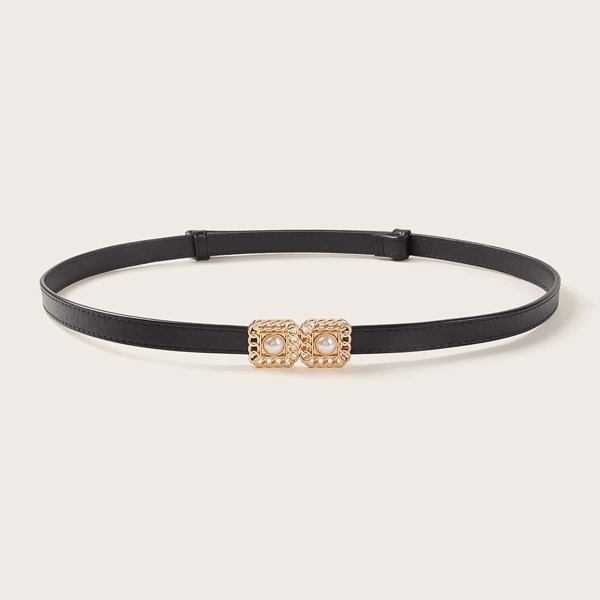 

Double Square Faux Pearl Buckle Skinny Belt, Black