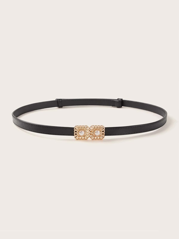 

Double Square Faux Pearl Buckle Skinny Belt, Black