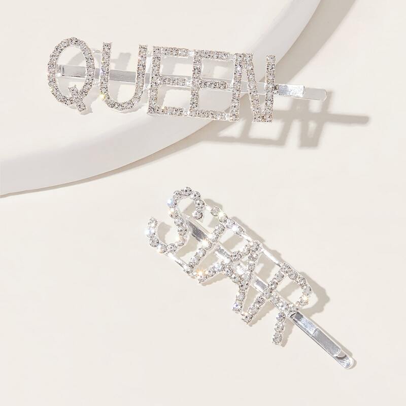 

Rhinestone Decor Slogan Hairpin, Silver