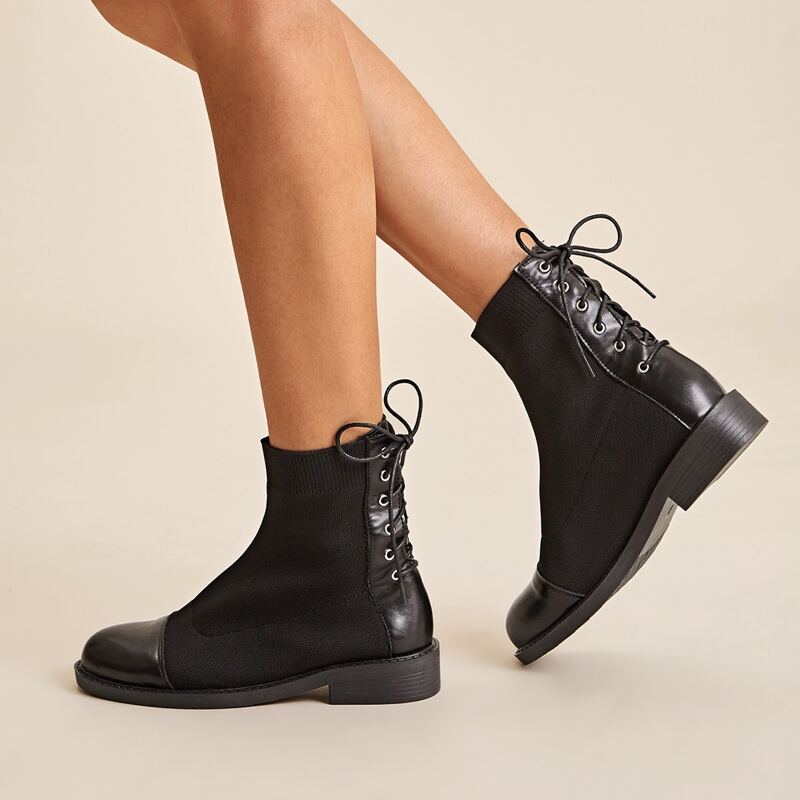 

Lace-up Back Knit Panel Boots, Black