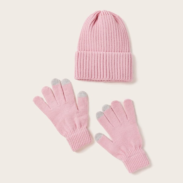 

3pcs Ribbed Beanie & Gloves, Baby pink