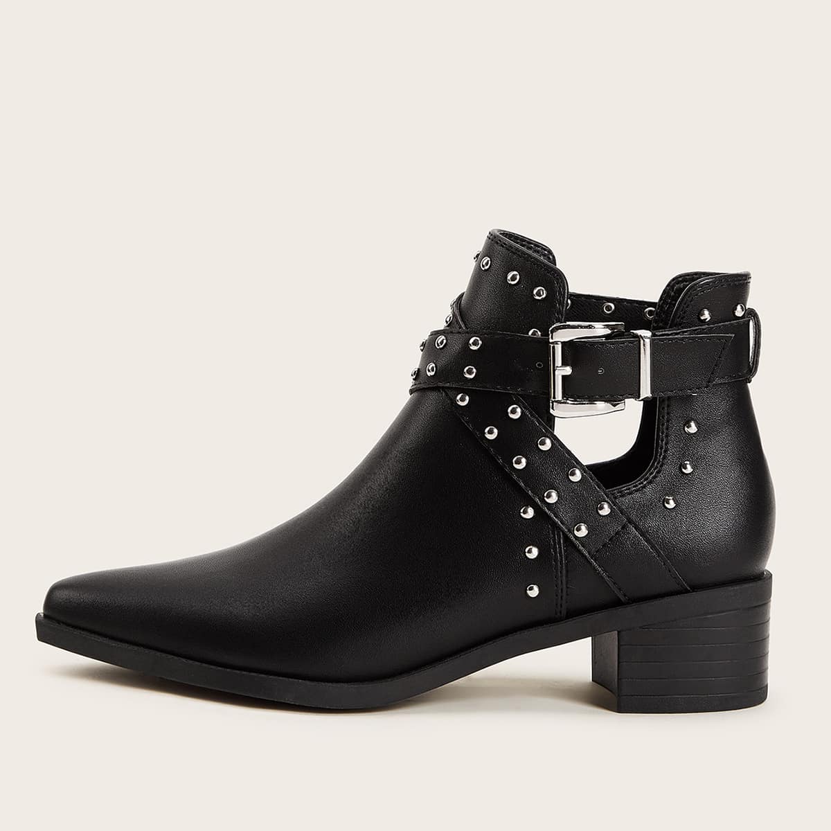 

Studded Decor Buckle Strap Ankle Boots, Black