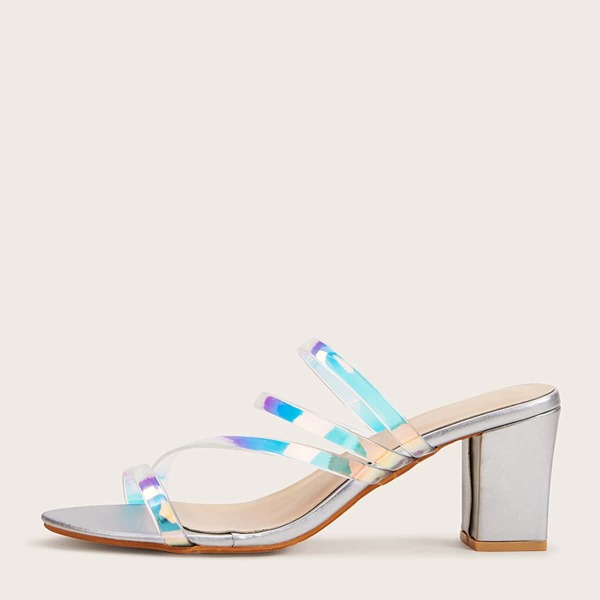 

Holographic Strappy Chunky Heeled Mules