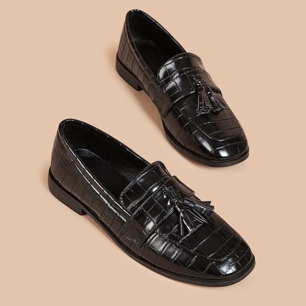 

Tassel Decor Croc Embossed Loafers, Black