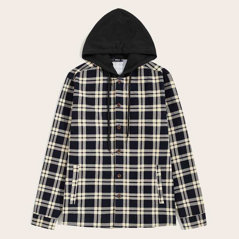 

Guys Drawstring Hooded Plaid Shacket, Navy