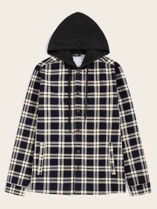 

Men Drawstring Hooded Plaid Shacket, Navy