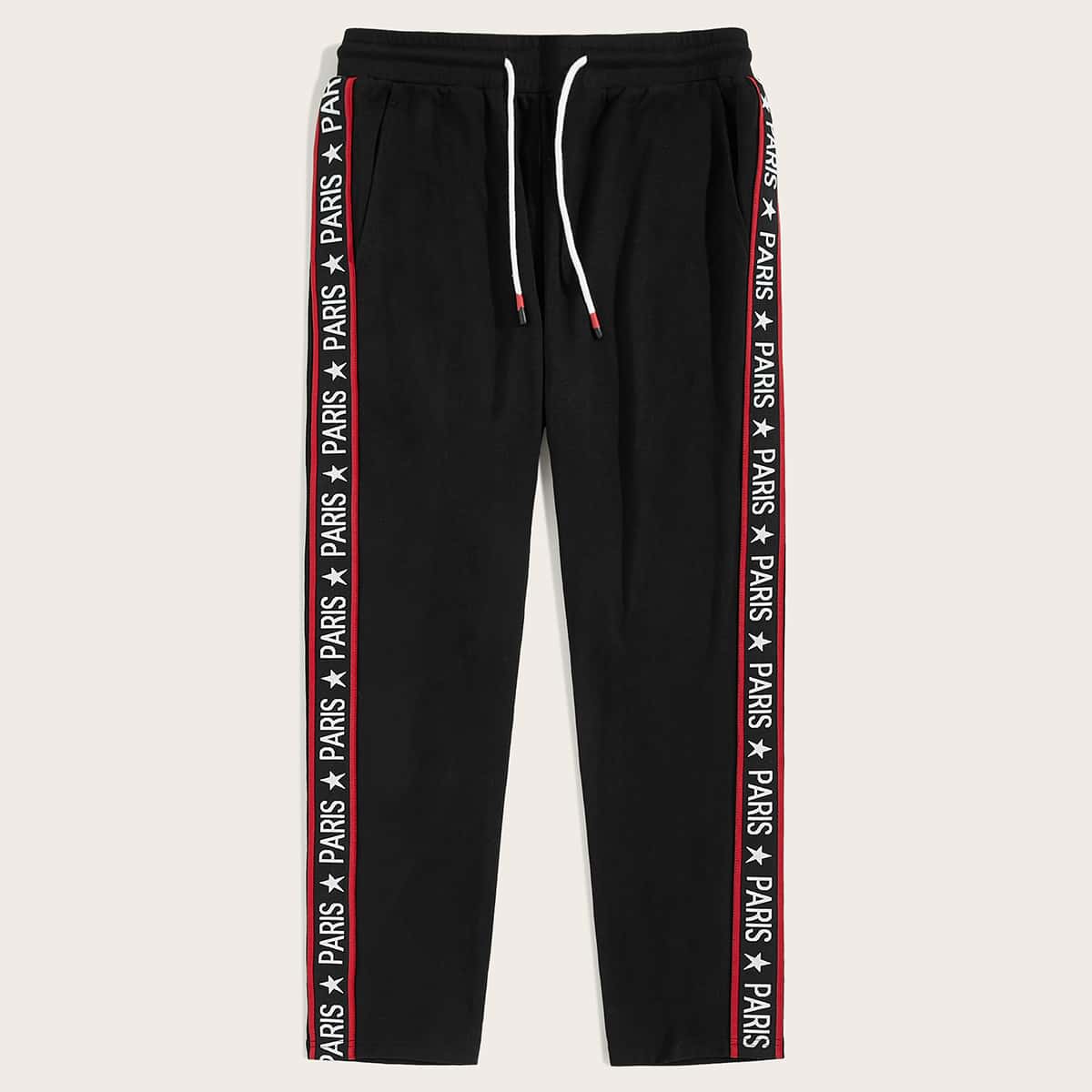

Guys Star and Letter Tape Side Drawstring Waist Sweatpants, Black