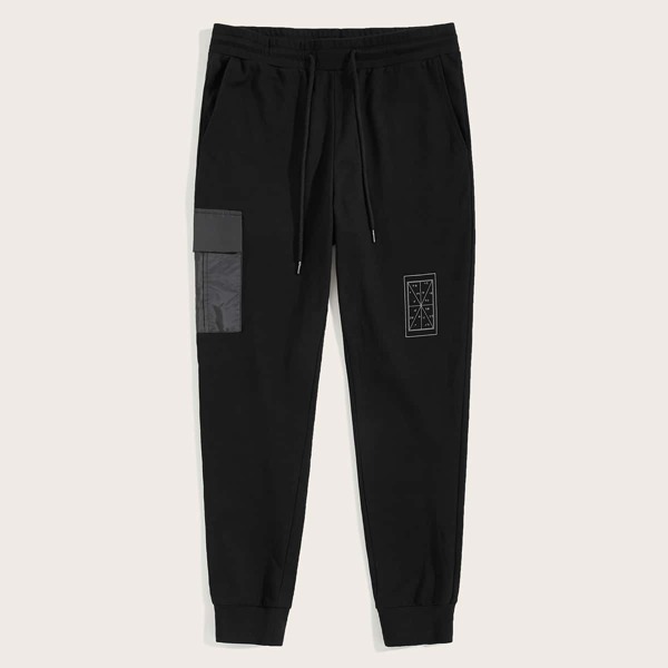 

Men Drawstring Waist Flap Pocket Side Joggers, Black