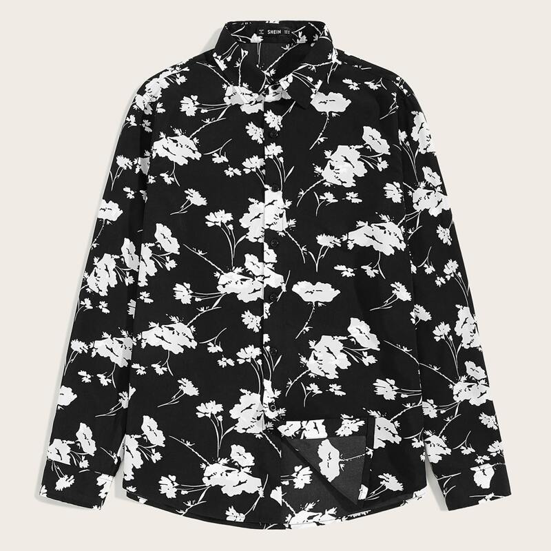 

Guys Allover Floral Print Shirt, Black and white