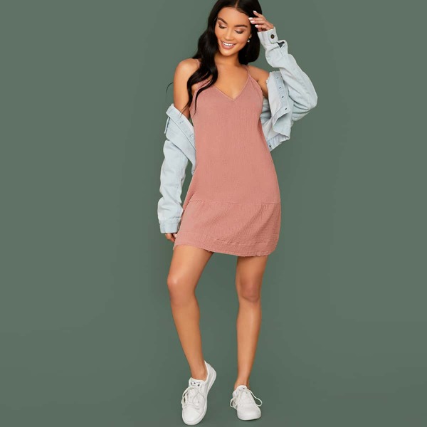 

V-Neck Spaghetti Strap Raw Hem Mini Dress, Pink