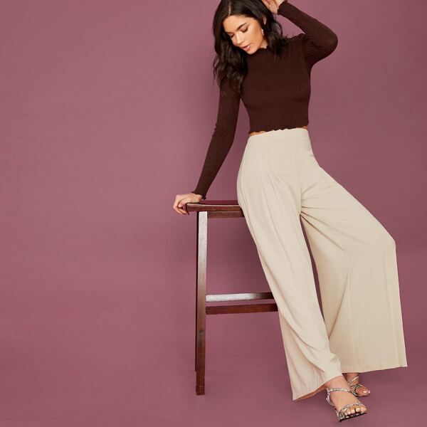 

Pleated Detail Wide Leg Pants, Beige