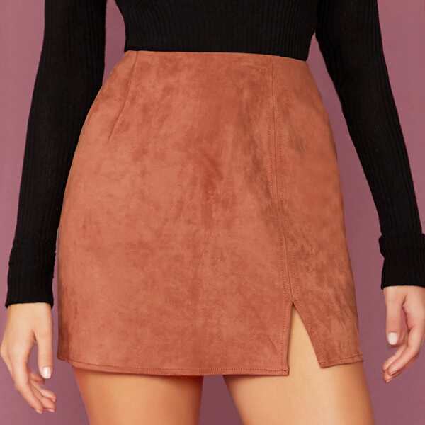 

Back Zip Side Slit Faux Suede Mini Skirt