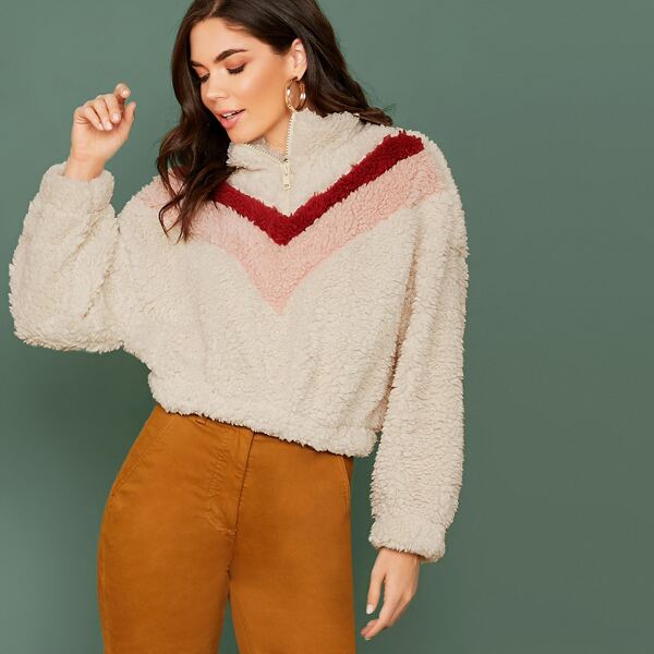 

Zip Front Fuzzy Bear Sherpa Chevron Stripe Sweatshirt, Beige