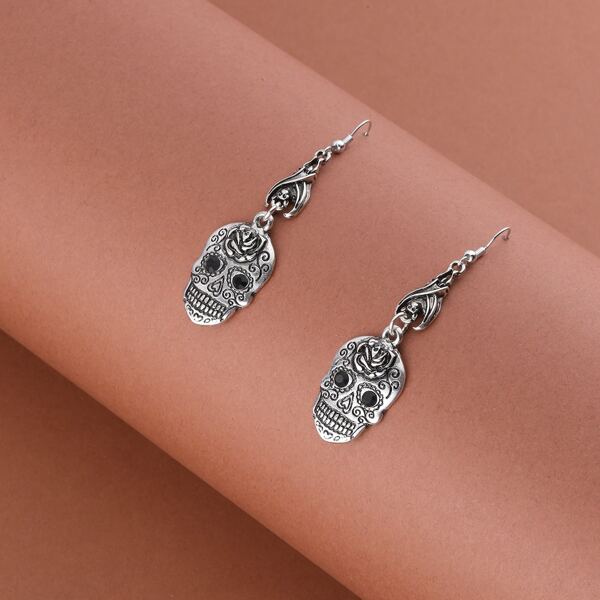 

1pair Sugar Skull Dangling Hook Earrings, Silver