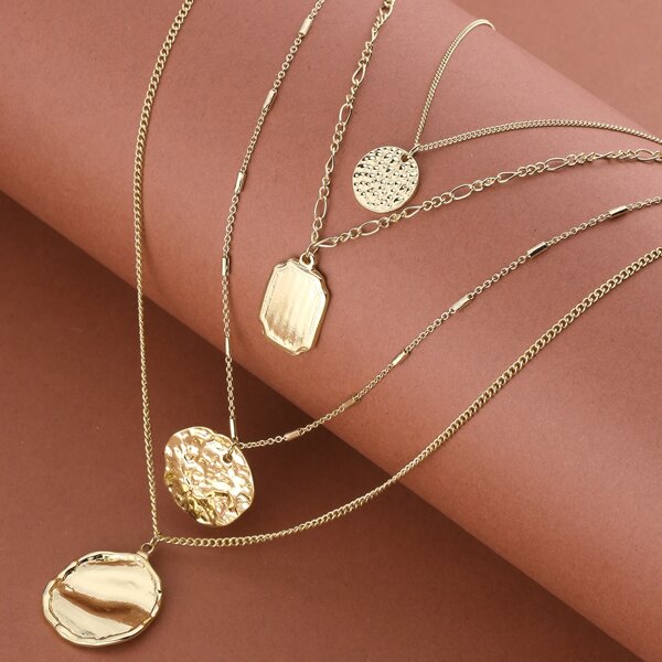 

Hammered Pendant Multi Layered Necklace, Gold
