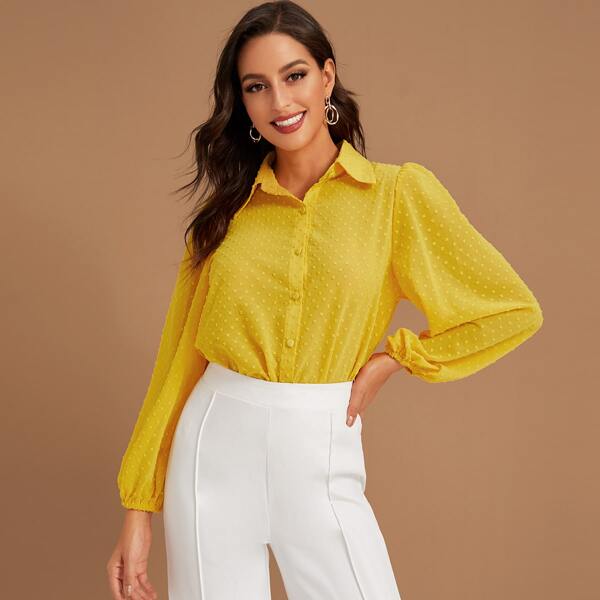 

Solid Swiss Dot Button Up Blouse, Yellow