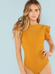 SHEIN 分層荷葉細節質感紋理緊身衣 - 芥末黃 - 查看 3
